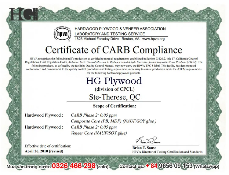 chứng nhận carb hg plywood
